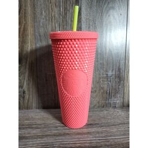 New Starbucks Summer 2022 Studded Dragon Fruit 24oz Tumbler Cup Red Salmon‎ Pink